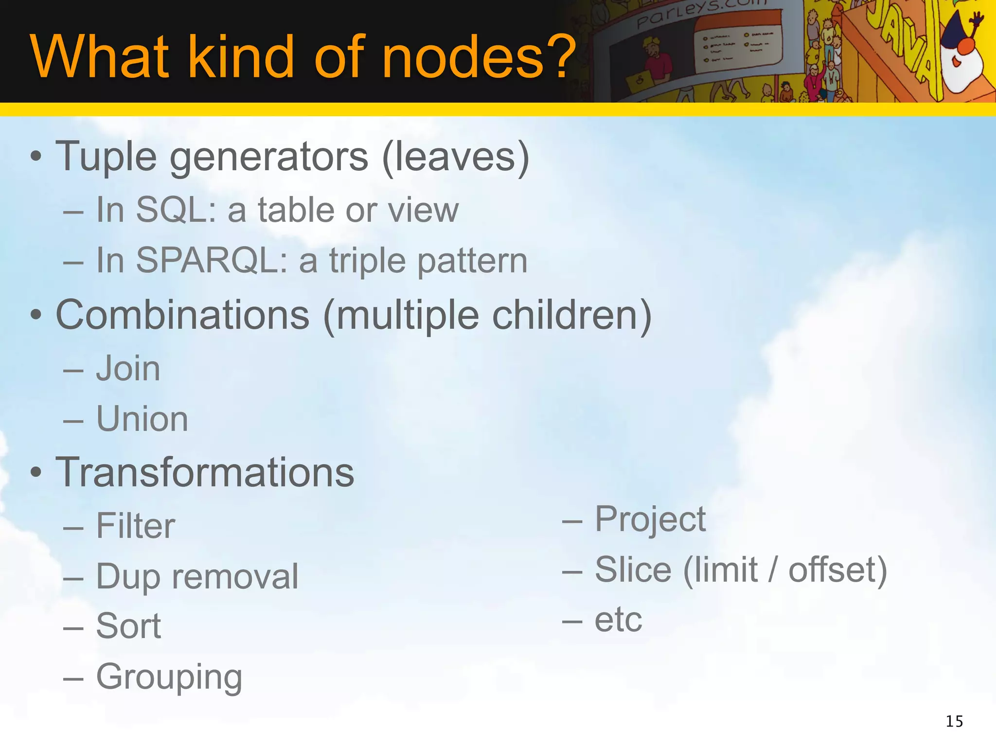 What kind of nodes?
• Tuple generators (leaves)
 – In SQL: a table or view
 – In SPARQL: a triple pattern
• Combinations (multiple children)
 – Join
 – Union
• Transformations
 –   Filter                      – Project
 –   Dup removal                 – Slice (limit / offset)
 –   Sort                        – etc
 –   Grouping
                                                            15
 