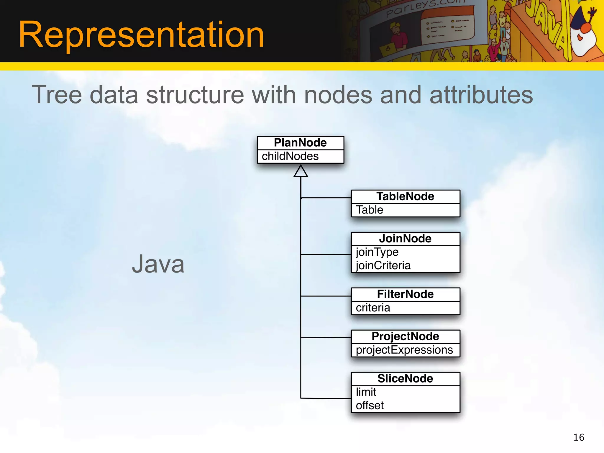 Representation
Tree data structure with nodes and attributes
                      PlanNode
                    childNodes


                                     TableNode
                                 Table

                                      JoinNode
                                 joinType
        Java                     joinCriteria

                                      FilterNode
                                 criteria

                                    ProjectNode
                                 projectExpressions

                                     SliceNode
                                 limit
                                 offset

                                                      16
 
