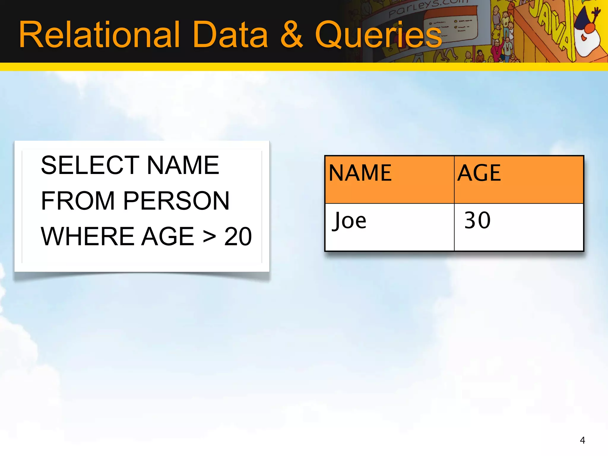 Relational Data & Queries


 SELECT NAME      NAME      AGE
 FROM PERSON
                  Joe       30
 WHERE AGE > 20




                                  4
 