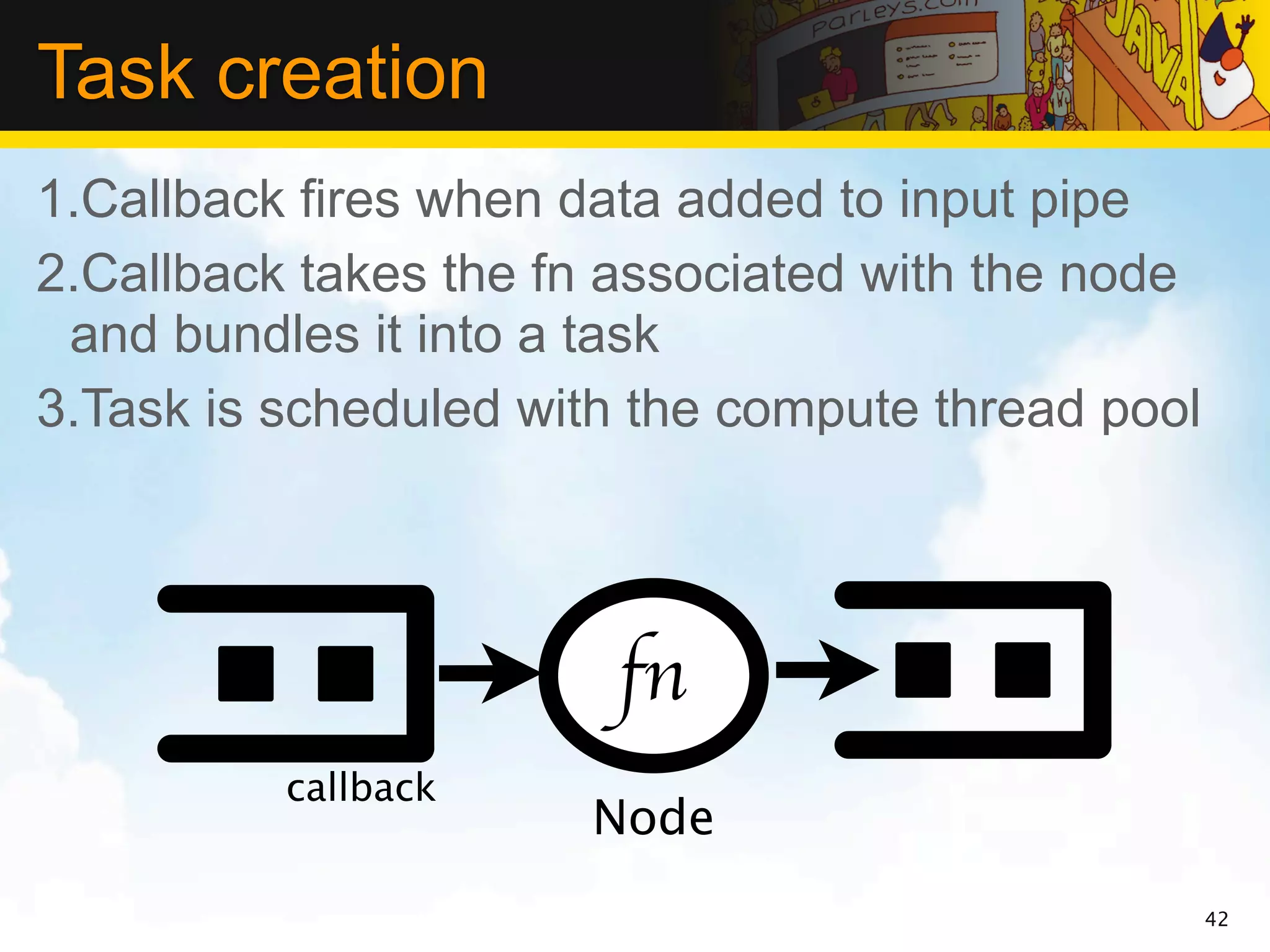 Task creation
1.Callback fires when data added to input pipe
2.Callback takes the fn associated with the node
 and bundles it into a task
3.Task is scheduled with the compute thread pool




                       fn
          callback
                      Node
                                                   42
 