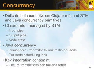 Concurrency
• Delicate balance between Clojure refs and STM
  and Java concurrency primitives
• Clojure refs - managed by ...