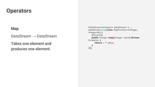 Map
DataStream → DataStream
Takes one element and
produces one element.
DataStream<Integer> dataStream = //...
dataStream.map(new MapFunction<Integer,
Integer>() {
@Override
public Integer map(Integer value) throws
Exception {
return 2 * value;
}
});
Operators
 