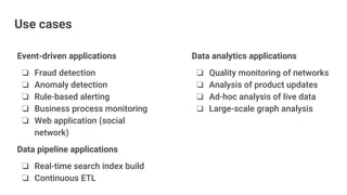Event-driven applications
❏ Fraud detection
❏ Anomaly detection
❏ Rule-based alerting
❏ Business process monitoring
❏ Web application (social
network)
Data pipeline applications
❏ Real-time search index build
❏ Continuous ETL
Data analytics applications
❏ Quality monitoring of networks
❏ Analysis of product updates
❏ Ad-hoc analysis of live data
❏ Large-scale graph analysis
Use cases
 