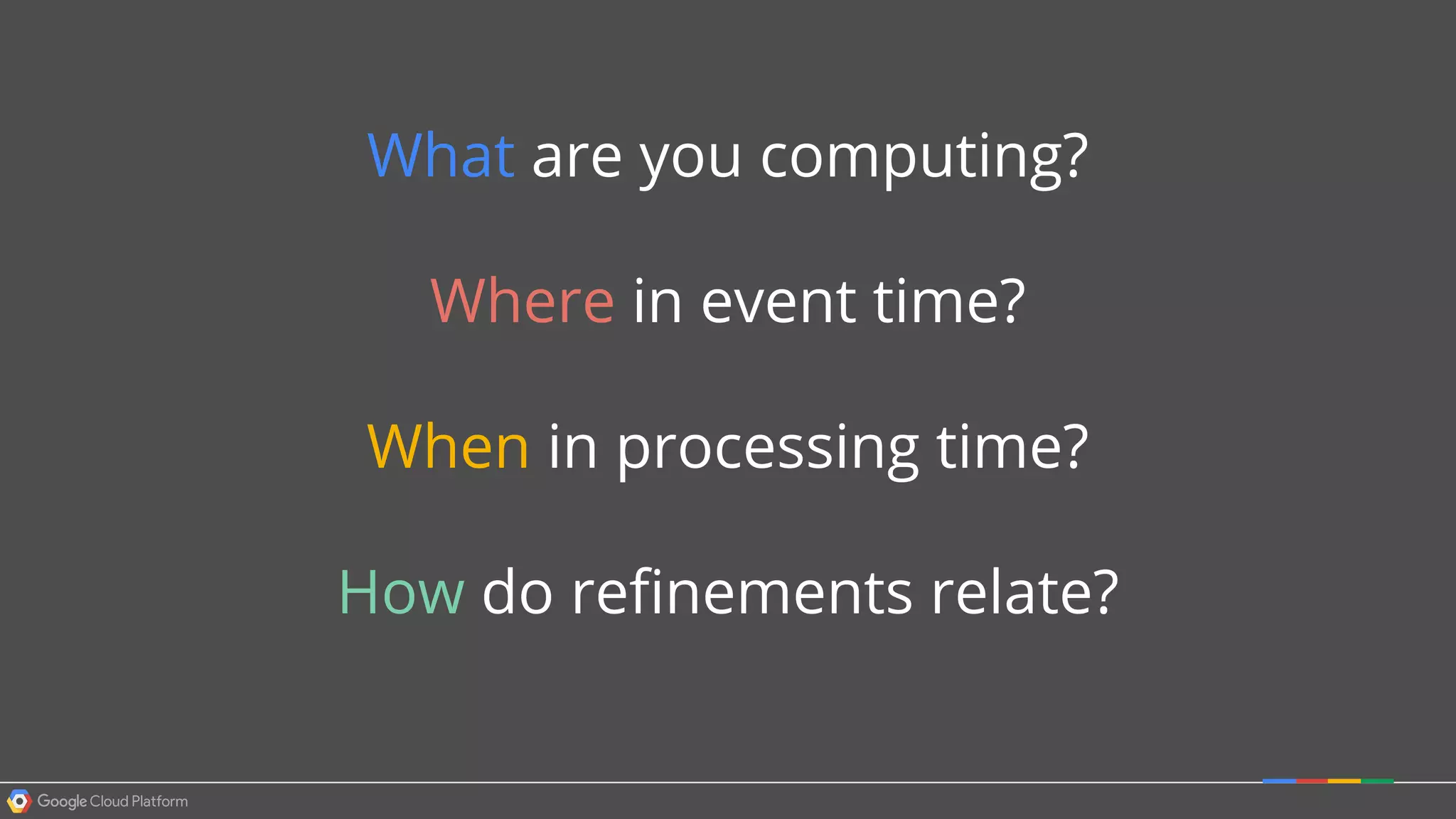 What are you computing?
Where in event time?
When in processing time?
How do refinements relate?
 