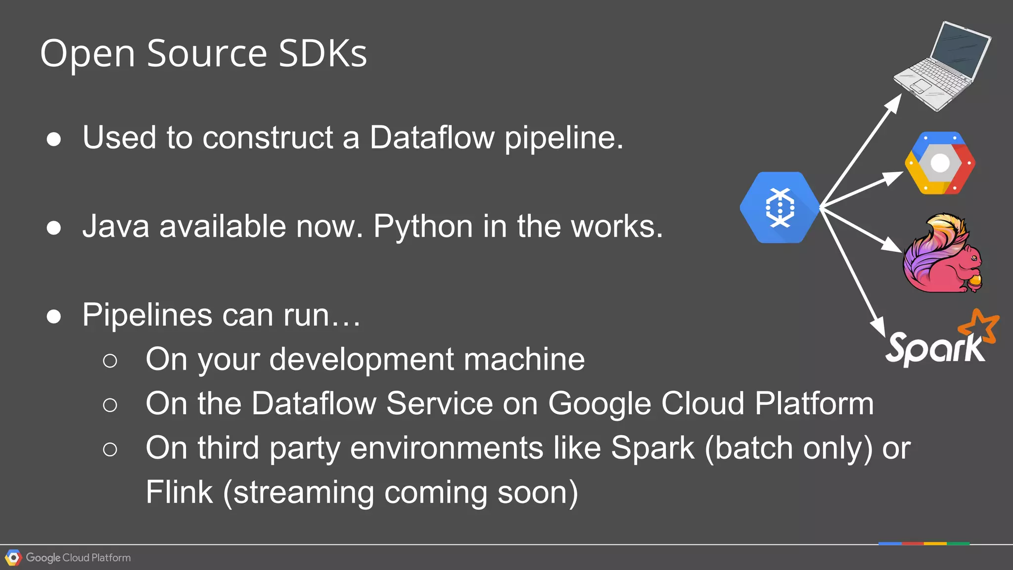 Open Source SDKs
● Used to construct a Dataflow pipeline.
● Java available now. Python in the works.
● Pipelines can run…
○ On your development machine
○ On the Dataflow Service on Google Cloud Platform
○ On third party environments like Spark (batch only) or
Flink (streaming coming soon)
 