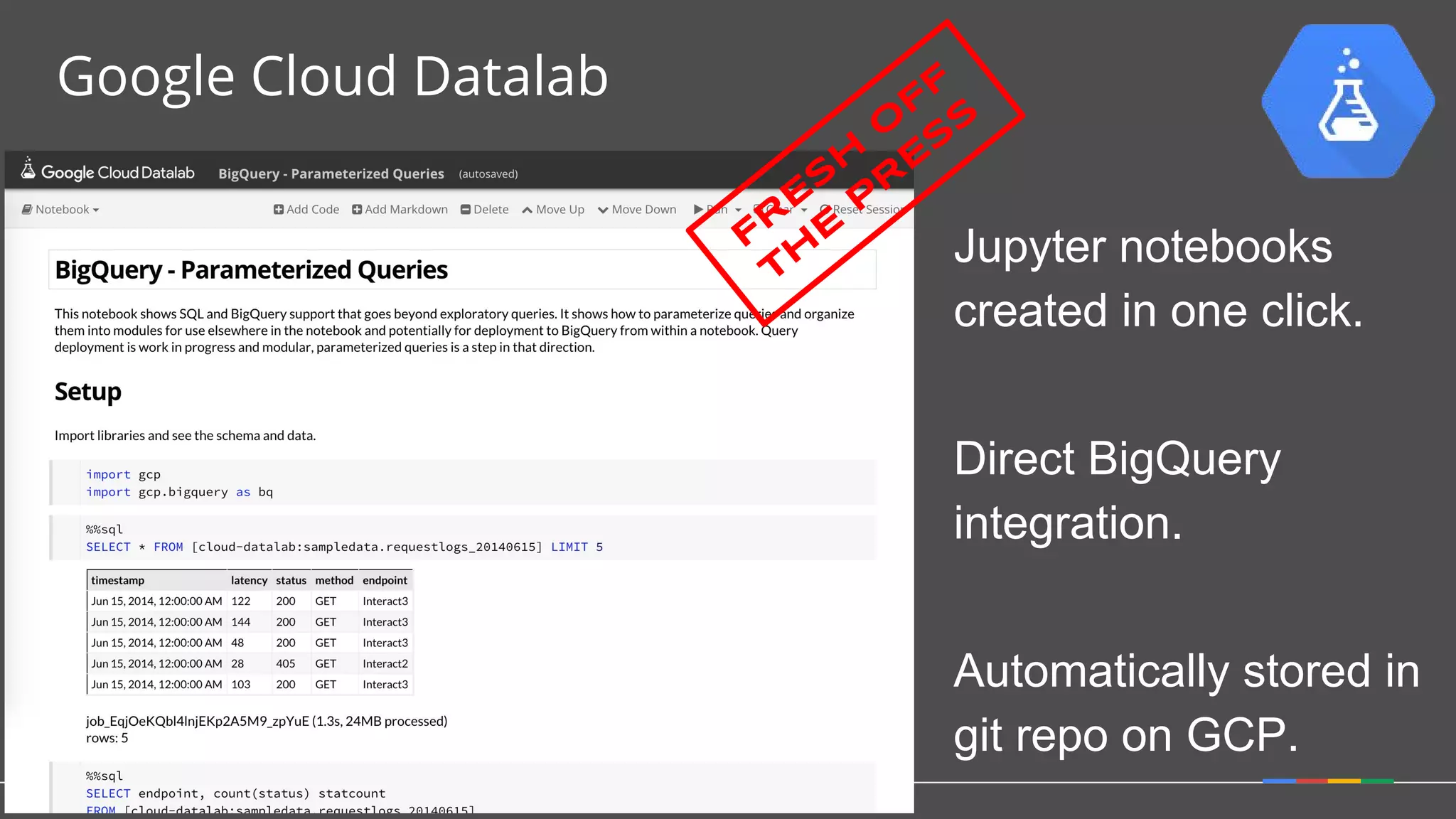 Google Cloud Datalab
Jupyter notebooks
created in one click.
Direct BigQuery
integration.
Automatically stored in
git repo on GCP.
FR
E
S
H
O
FF
TH
E
P
R
E
S
S
 