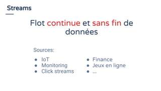Streams
Sources:
● IoT
● Monitoring
● Click streams
● Finance
● Jeux en ligne
● ...
Flot continue et sans fin de
données
 
