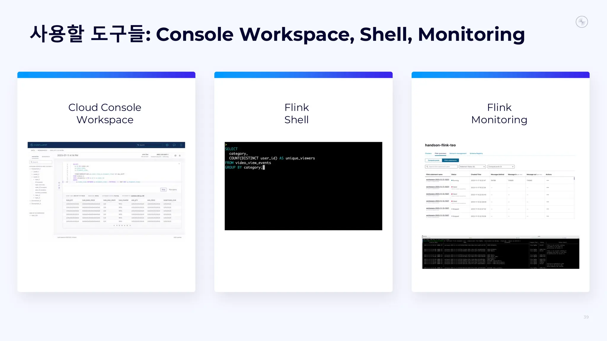 사용할 도구들: Console Workspace, Shell, Monitoring
39
Cloud Console
Workspace
Flink
Shell
Flink
Monitoring
 