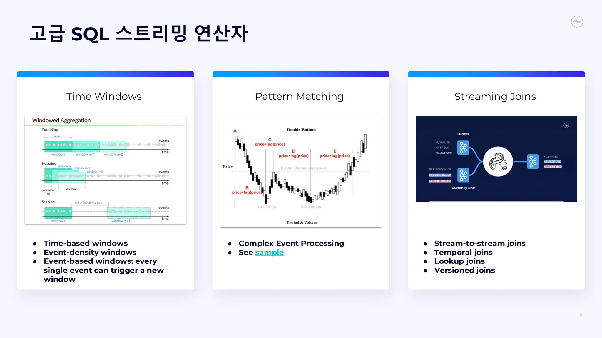 고급 SQL 스트리밍 연산자
51
Time Windows Pattern Matching Streaming Joins
● Time-based windows
● Event-density windows
● Event-based windows: every
single event can trigger a new
window
● Complex Event Processing
● See sample
● Stream-to-stream joins
● Temporal joins
● Lookup joins
● Versioned joins
 