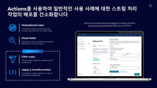 Actions를 사용하여 일반적인 사용 사례에 대한 스트림 처리
작업의 배포를 간소화합니다
Deduplicate topic
Generate a topic containing only
unique records from an input topic
Mask fields
Generate a topic containing masked
fields from an input topic
Filter topic
Filter a topic based on a given set of
conditions
Apply a transformation
Transform a topic based on a set of
provided expressions
COMING SOON
Actions provide pre-packaged, turnkey stream
processing workloads that run on Flink
 