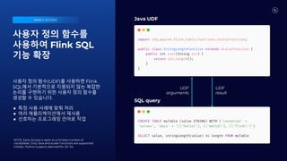 사용자 정의 함수를
사용하여 Flink SQL
기능 확장
사용자 정의 함수(UDF)를 사용하면 Flink
SQL에서 기본적으로 지원되지 않는 복잡한
논리를 구현하기 위한 사용자 정의 함수를
생성할 수 있습니다.
● 특정 사용 사례에 맞춰 처리
● 여러 애플리케이션에서 재사용
● 선호하는 프로그래밍 언어로 작업
Java UDF
SQL query
EARLY ACCESS
NOTE: Early Access is open to a limited number of
candidates. Only Java and scalar functions are supported
initially. Python support planned for 2H ‘24.
UDF
arguments
UDF
result
 