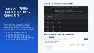 Table API(Open Preview)는 Java 또는
Python에서 프로그래밍 방식의 제어를
제공하여 기존 코드베이스에 원활하게 통합할
수 있는 풍부한 연산 및 변환 기능을 제공합니다.
● 익숙한 구조를 사용하여 스트리밍
애플리케이션을 구축합니다.
● 명령형 프로그래밍 방식을 활용합니다.
● 구조적이고 강력한 형식의 설계를 통해 개발,
테스트 및 유지 관리를 간소화합니다.
Table API 지원을
통해 서버리스 Flink
접근성 확대
Track status of Table API statements
Use full capabilities of modern IDEs
 