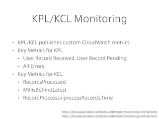 KPL/KCL Monitoring
• KPL/KCL publishes custom CloudWatch metrics
• Key Metrics for KPL
• User Record Received, User Record...