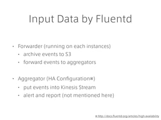 Input Data by Fluentd
• Forwarder (running on each instances)
• archive events to S3
• forward events to aggregators
• Agg...