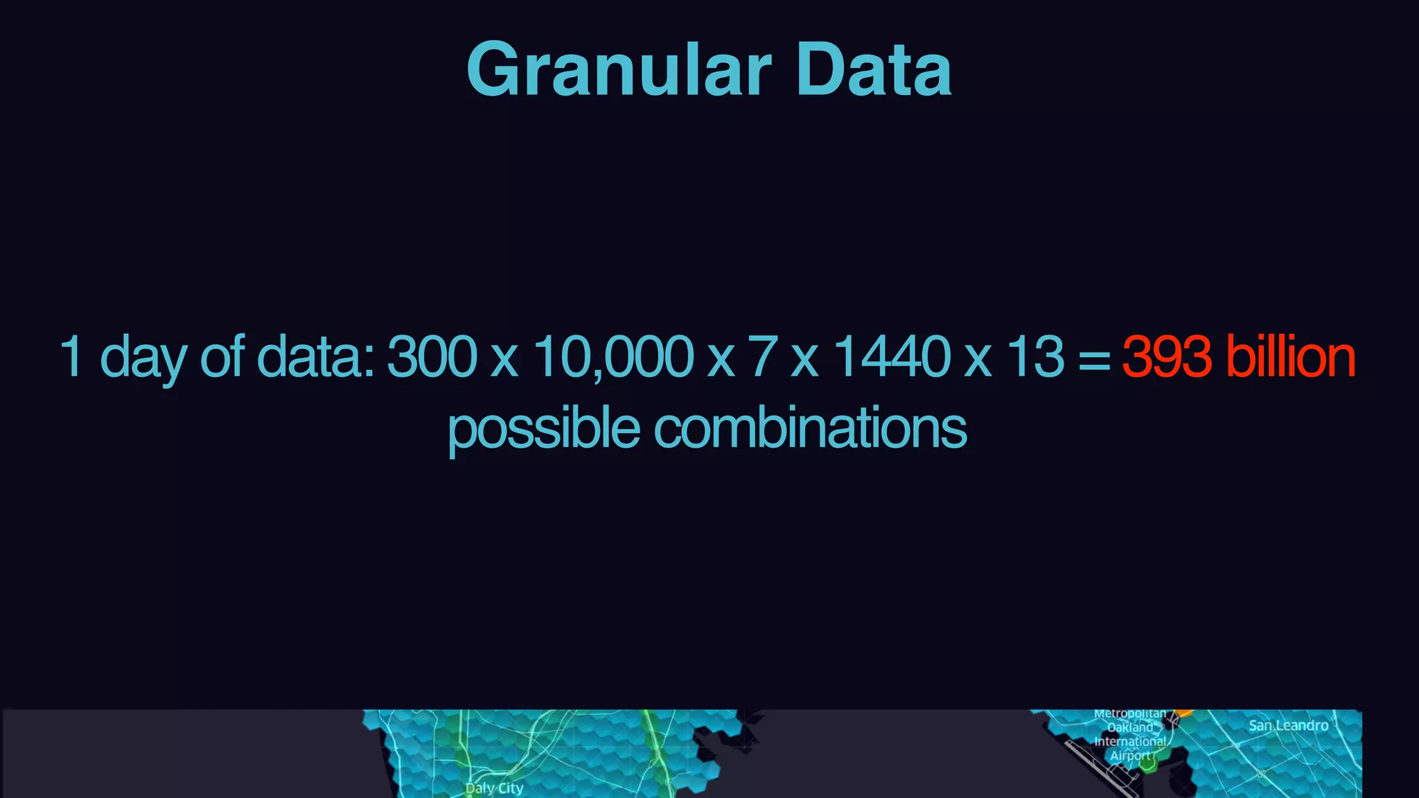 Granular Data
1 day of data: 300 x 10,000 x 7 x 1440 x 13 = 393 billion
possible combinations
 