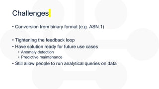 Challenges
• Conversion from binary format (e.g. ASN.1)
• Tightening the feedback loop
• Have solution ready for future use cases
• Anomaly detection
• Predictive maintenance
• Still allow people to run analytical queries on data
 