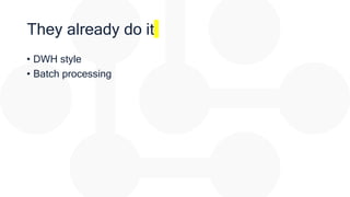 They already do it
• DWH style
• Batch processing
 