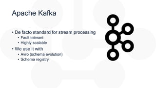 Apache Kafka
• De facto standard for stream processing
• Fault tolerant
• Highly scalable
• We use it with
• Avro (schema ...