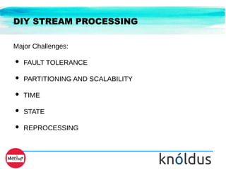 DIY STREAM PROCESSING
Major Challenges:
● FAULT TOLERANCE
● PARTITIONING AND SCALABILITY
● TIME
● STATE
● REPROCESSING
 