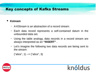 Key concepts of Kafka Streams
● Kstream
– A KStream is an abstraction of a record stream.
– Each data record represents a self-contained datum in the
unbounded data set.
– Using the table analogy, data records in a record stream are
always interpreted as an “INSERT” .
– Let’s imagine the following two data records are being sent to
the stream:
("alice", 1) --> ("alice", 3)
 