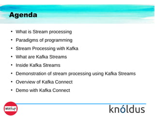 Agenda
●
What is Stream processing
●
Paradigms of programming
●
Stream Processing with Kafka
●
What are Kafka Streams
●
Inside Kafka Streams
●
Demonstration of stream processing using Kafka Streams
●
Overview of Kafka Connect
●
Demo with Kafka Connect
 