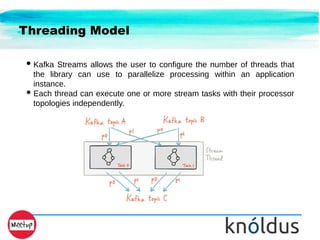 Threading Model
● Kafka Streams allows the user to configure the number of threads that
the library can use to parallelize processing within an application
instance.
● Each thread can execute one or more stream tasks with their processor
topologies independently.
 