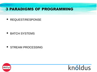 3 PARADIGMS OF PROGRAMMING
● REQUEST/RESPONSE
● BATCH SYSTEMS
● STREAM PROCESSING
 