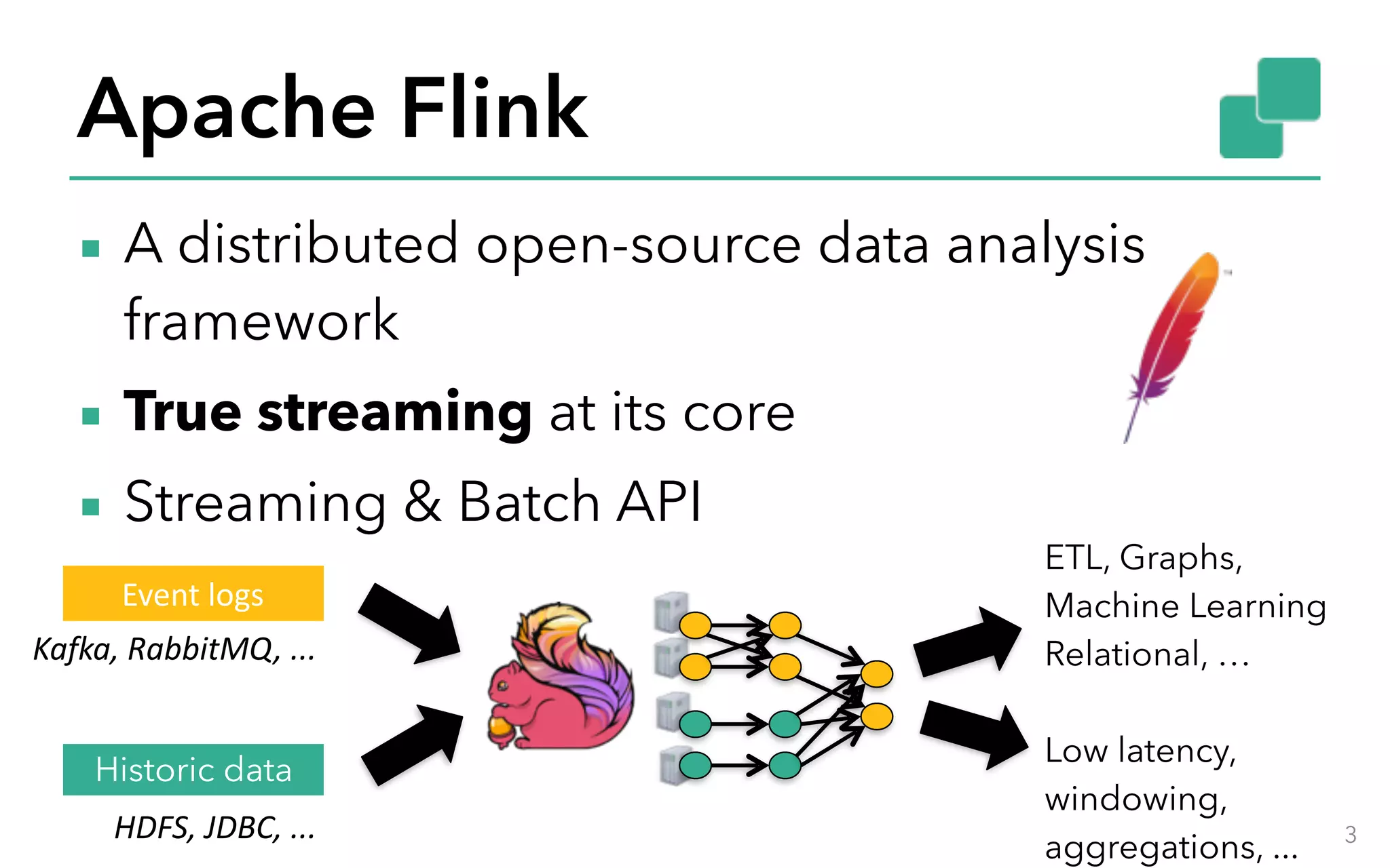 Apache Flink ▪ A distributed open-source data analysis framework ▪ True streaming at its core ▪ Streaming & Batch API 3 Historic data Kafka,	RabbitMQ,	... HDFS,	JDBC,	... Event	logs ETL, Graphs,  Machine Learning  Relational, … Low latency,  windowing, aggregations, ... 