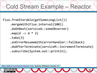 Cold Stream Example – Reactor
50
Flux.fromIterable(getSomeLongList())
.mergeWith(Flux.interval(100))
.doOnNext(serviceA::someObserver)
.map(d -> d * 2)
.take(3)
.onErrorResumeWith(errorHandler::fallback)
.doAfterTerminate(serviceM::incrementTerminate)
.subscribe(System.out::println);
https://github.com/reactor/reactor-core, Apache Software License 2.0
 