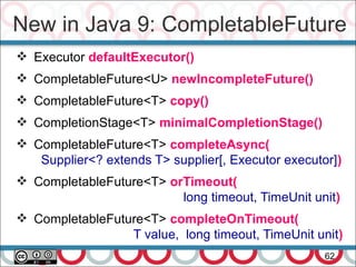 New in Java 9: CompletableFuture
62
 Executor defaultExecutor()
 CompletableFuture<U> newIncompleteFuture()
 CompletableFuture<T> copy()
 CompletionStage<T> minimalCompletionStage()
 CompletableFuture<T> completeAsync(
Supplier<? extends T> supplier[, Executor executor])
 CompletableFuture<T> orTimeout(
long timeout, TimeUnit unit)
 CompletableFuture<T> completeOnTimeout(
T value, long timeout, TimeUnit unit)
 