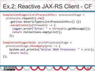 Ex.2: Reactive JAX-RS Client - CF
65
CompletionStage<List<ProcessInfo>> processesStage =
processes.request().rx()
.get(new GenericType<List<ProcessInfo>>() {})
.exceptionally(throwable -> {
logger.error("Error: " + throwable.getMessage());
return Collections.emptyList();
});
CompletionStage<Void> printProcessesStage =
processesStage.thenApply(proc -> {
System.out.println("Active JAVA Processes: " + proc);
return null;
});
 