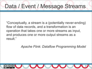 Data / Event / Message Streams
7
“Conceptually, a stream is a (potentially never-ending)
flow of data records, and a transformation is an
operation that takes one or more streams as input,
and produces one or more output streams as a
result.”
Apache Flink: Dataflow Programming Model
 