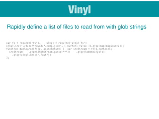 Rapidly define a list of files to read from with glob strings
Vinyl
var fs = require('fs'), vinyl = require('vinyl-fs')
vinyl.src('./data/*/quad/*.comp.json', { buffer: false }).pipe(map(mapSource));
function mapSource(file, asyncReturn) { var srcStream = file.contents;
srcStream .pipe(JSONStream.parse("*")) .pipe(SomeAnalysis)
.pipe(vinyl.dest("./out"))
};
 