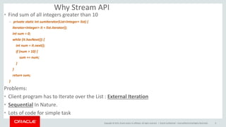 Copyright © 2015, Oracle and/or its affiliates. All rights reserved. |
Why Stream API
• Find sum of all integers greater than 10
– private static int sumIterator(List<Integer> list) {
Iterator<Integer> it = list.iterator();
int sum = 0;
while (it.hasNext()) {
int num = it.next();
if (num > 10) {
sum += num;
}
}
return sum;
}
Problems:
• Client program has to Iterate over the List : External Iteration
• Sequential In Nature.
• Lots of code for simple task
Oracle Confidential – Internal/Restricted/Highly Restricted 6
 