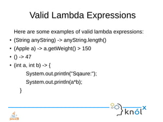 Valid Lambda Expressions
Here are some examples of valid lambda expressions:
● (String anyString) -> anyString.length()
● (Apple a) -> a.getWeight() > 150
● () -> 47
● (int a, int b) -> {
System.out.println("Sqaure:");
System.out.println(a*b);
}
 