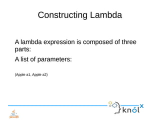Constructing Lambda
A lambda expression is composed of three
parts:
A list of parameters:
(Apple a1, Apple a2)
 