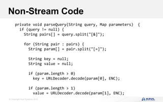© Copyright Azul Systems 2016
Non-Stream Code
private void parseQuery(String query, Map parameters) {
if (query != null) {
String pairs[] = query.split("[&]");
for (String pair : pairs) {
String param[] = pair.split("[=]");
String key = null;
String value = null;
if (param.length > 0)
key = URLDecoder.decode(param[0], ENC);
if (param.length > 1)
value = URLDecoder.decode(param[1], ENC);
 