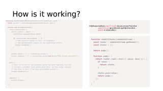 How is it working?
httpResponseBody.pipeThrough(decom pressorTransform )
.pipeThrough(ignoreNonIm ageFilesTransform )
.pipeTo(m ediaG allery);
 