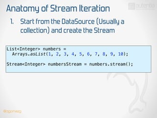 Anatomy of Stream Iteration
1. Start from the DataSource (Usually a
collection) and create the Stream
List<Integer> numbers =
Arrays.asList(1, 2, 3, 4, 5, 6, 7, 8, 9, 10);
 
Stream<Integer> numbersStream = numbers.stream(); 
@dgomezg
 