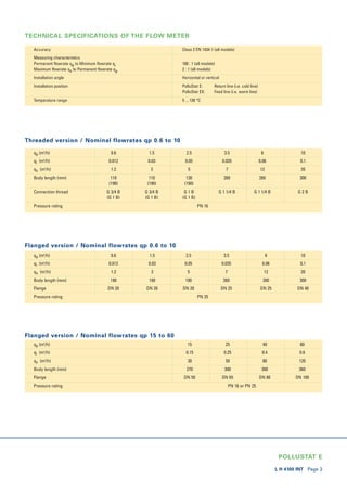 POLLUSTAT E
L H 4100 INT Page 3
TECHNICAL SPECIFICATIONS OF THE FLOW METER
Threaded version / Nominal flowrates qp 0.6 to 10
Flanged version / Nominal flowrates qp 0.6 to 10
Flanged version / Nominal flowrates qp 15 to 60
Accuracy Class 2 EN 1434-1 (all models)
Measuring characteristics
Permanent flowrate qp to Minimum flowrate qi 100 : 1 (all models)
Maximum flowrate qs to Permanent flowrate qp 2 : 1 (all models)
Installation angle Horizontal or vertical
Installation position PolluStat E: Return line (i.e. cold line)
PolluStat EX: Feed line (i.e. warm line)
Temperature range 5 ... 130 °C
qp (m3
/h) 0.6 1.5 2.5 3.5 6 10
qi (m3
/h) 0.012 0.03 0.05 0.035 0.06 0.1
qs (m3
/h) 1.2 3 5 7 12 20
Body length (mm) 110 110 130 260 260 300
(190) (190) (190)
Connection thread G 3/4 B G 3/4 B G 1 B G 1 1/4 B G 1 1/4 B G 2 B
(G 1 B) (G 1 B) (G 1 B)
Pressure rating PN 16
qp (m3
/h) 0.6 1.5 2.5 3.5 6 10
qi (m3
/h) 0.012 0.03 0.05 0.035 0.06 0.1
qs (m3
/h) 1.2 3 5 7 12 20
Body length (mm) 190 190 190 260 260 300
Flange DN 20 DN 20 DN 20 DN 25 DN 25 DN 40
Pressure rating PN 25
qp (m3
/h) 15 25 40 60
qi (m3
/h) 0.15 0.25 0.4 0.6
qs (m3
/h) 30 50 80 120
Body length (mm) 270 300 300 360
Flange DN 50 DN 65 DN 80 DN 100
Pressure rating PN 16 or PN 25
 
