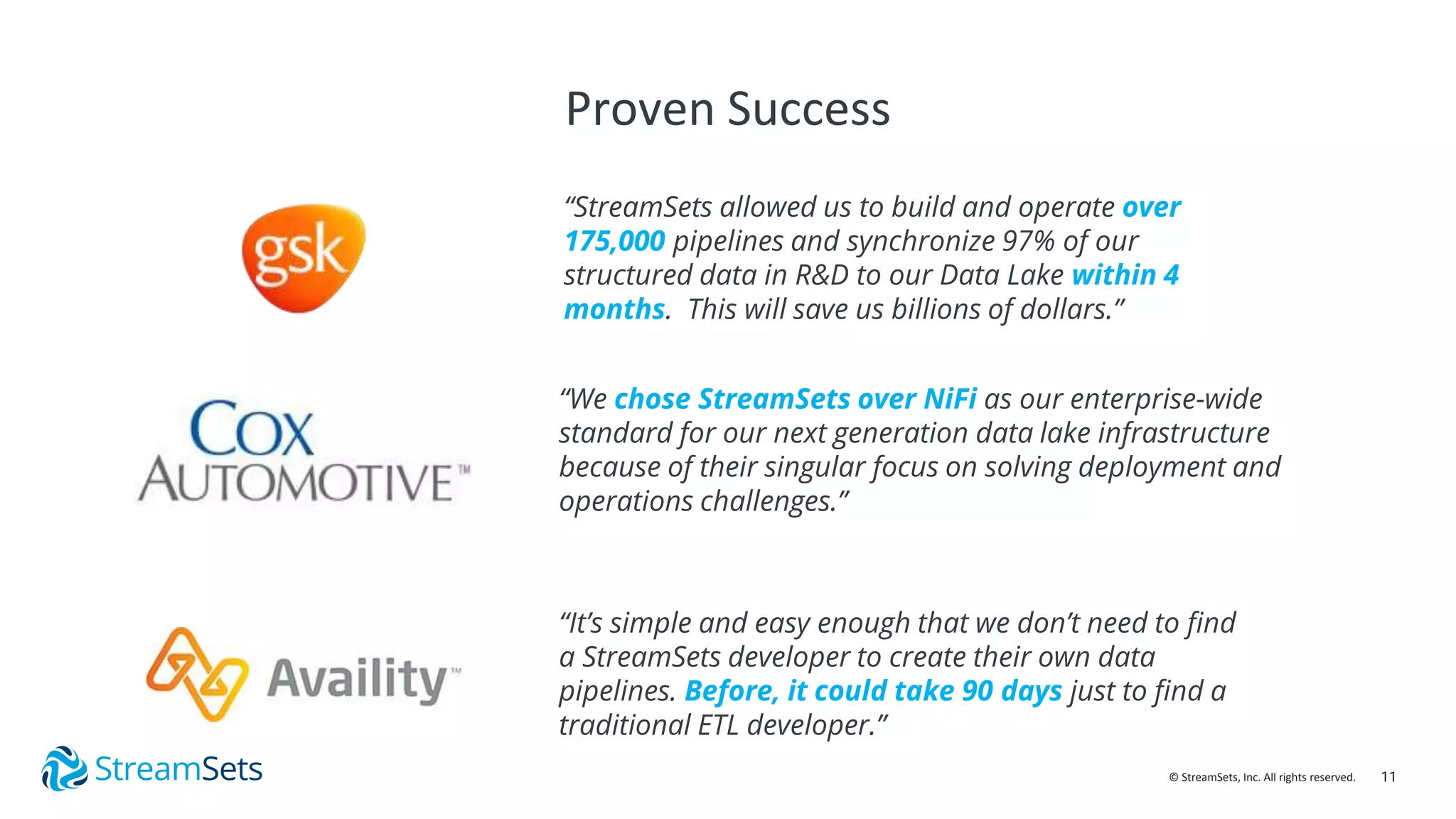11© StreamSets, Inc. All rights reserved.
Proven Success
“We chose StreamSets over NiFi as our enterprise-wide
standard for our next generation data lake infrastructure
because of their singular focus on solving deployment and
operations challenges.”
“StreamSets allowed us to build and operate over
175,000 pipelines and synchronize 97% of our
structured data in R&D to our Data Lake within 4
months. This will save us billions of dollars.”
“It’s simple and easy enough that we don’t need to find
a StreamSets developer to create their own data
pipelines. Before, it could take 90 days just to find a
traditional ETL developer.”
 