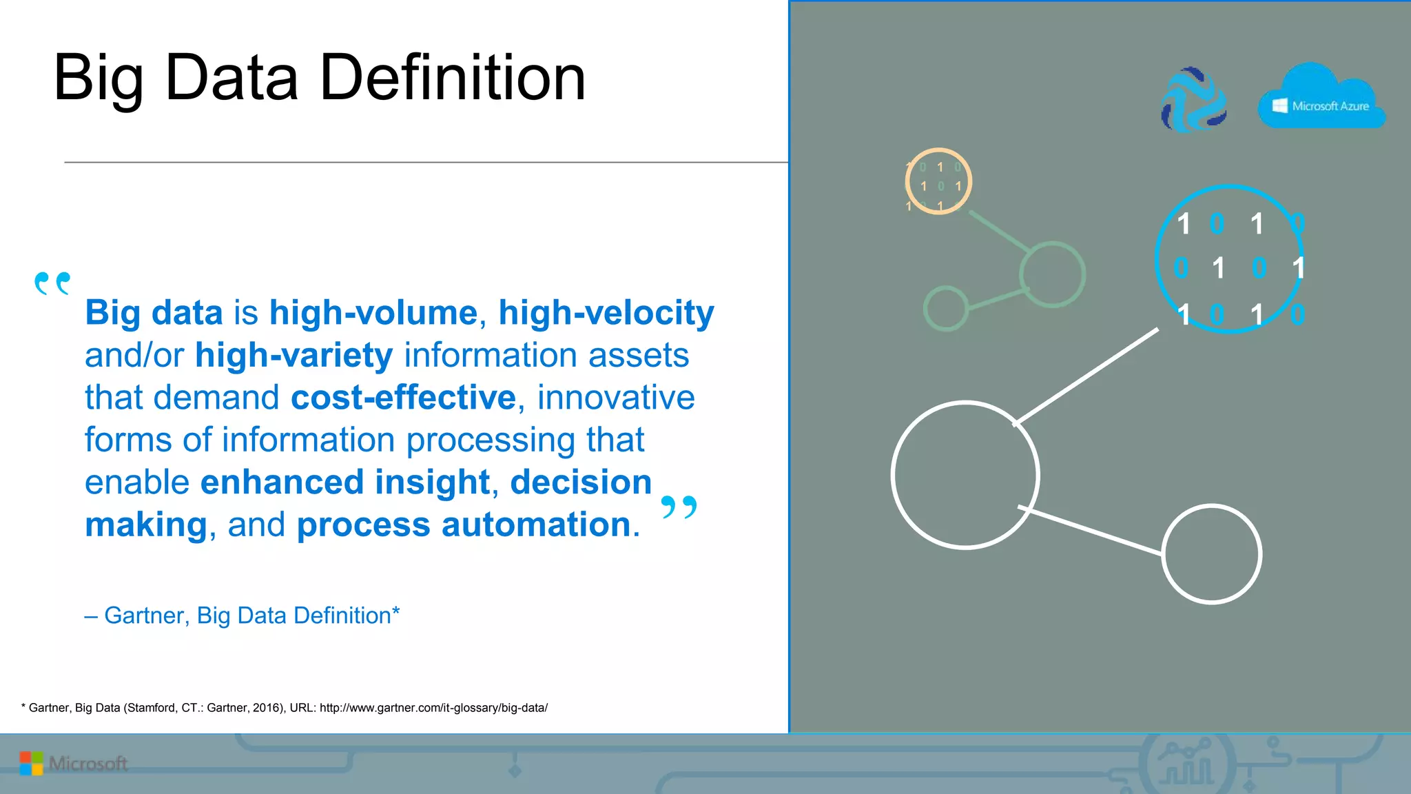 Big Data Definition
Big data is high-volume, high-velocity
and/or high-variety information assets
that demand cost-effective, innovative
forms of information processing that
enable enhanced insight, decision
making, and process automation.
– Gartner, Big Data Definition*
* Gartner, Big Data (Stamford, CT.: Gartner, 2016), URL: http://www.gartner.com/it-glossary/big-data/
 