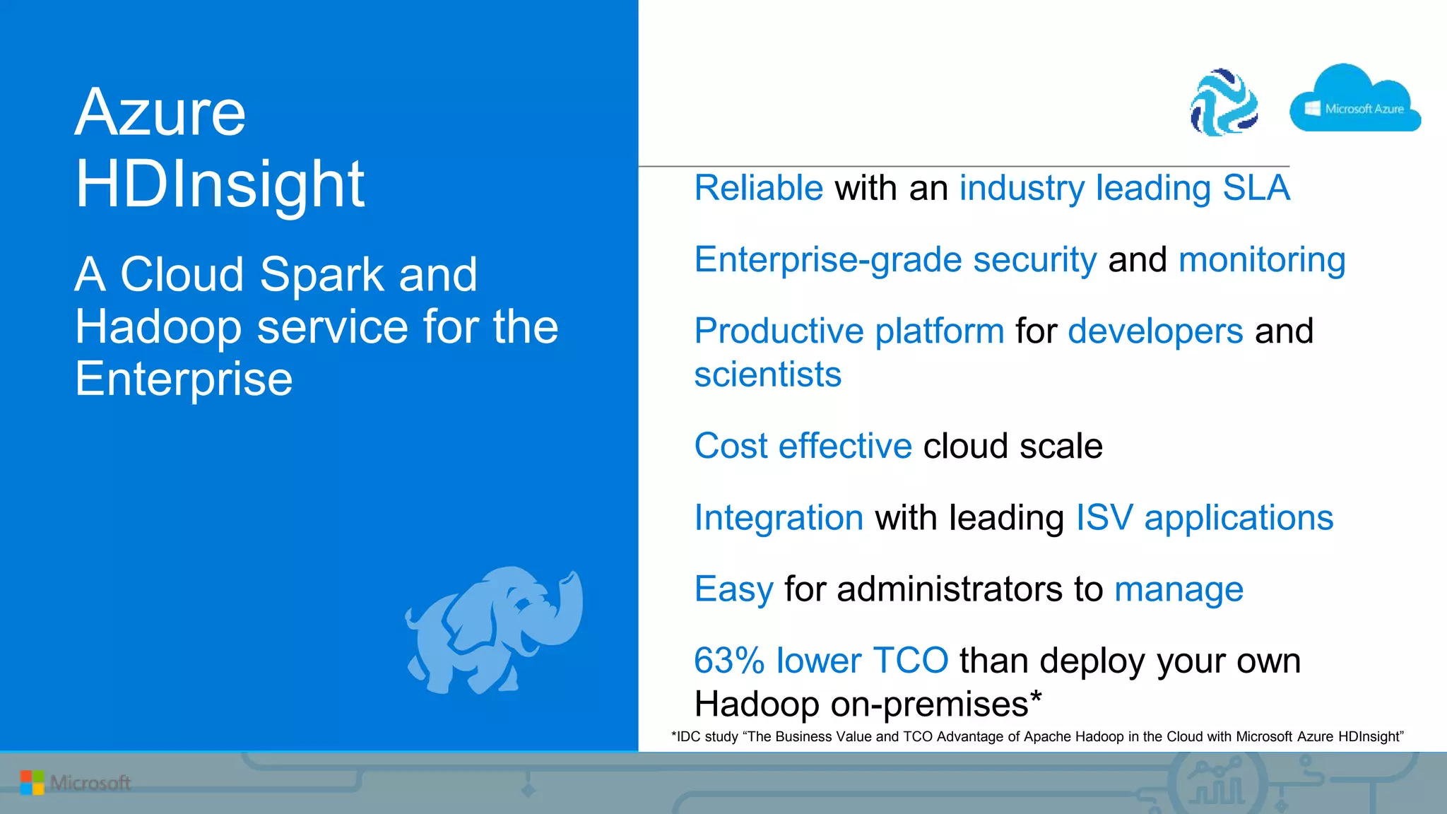 Azure
HDInsight
A Cloud Spark and
Hadoop service for the
Enterprise
Reliable with an industry leading SLA
Enterprise-grade security and monitoring
Productive platform for developers and
scientists
Cost effective cloud scale
Integration with leading ISV applications
Easy for administrators to manage
63% lower TCO than deploy your own
Hadoop on-premises*
*IDC study “The Business Value and TCO Advantage of Apache Hadoop in the Cloud with Microsoft Azure HDInsight”
 