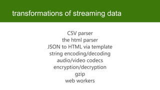 transformations of streaming data
CSV parser
the html parser
JSON to HTML via template
string encoding/decoding
audio/video codecs
encryption/decryption
gzip
web workers

 