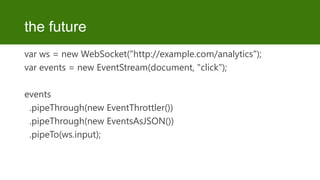 the future
var ws = new WebSocket("http://example.com/analytics");
var events = new EventStream(document, "click");
events
.pipeThrough(new EventThrottler())
.pipeThrough(new EventsAsJSON())
.pipeTo(ws.input);

 