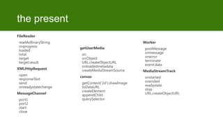 the present
FileReader
readAsBinaryString
onprogress
loaded
total
target
target.result
XMLHttpRequest
open
responseText
send
onreadystatechange
MessageChannel
port1
port2
start
close

Worker
getUserMedia

src
srcObject
URL.createObjectURL
onloadedmetadata
createMediaStreamSource
canvas

getContext('2d').drawImage
toDataURL
createElement
appendChild
querySelector

postMessage
onmessage
onerror
terminate
event.data
MediaStreamTrack
onstarted
onended
readystate
stop
URL.createObjectURL

 