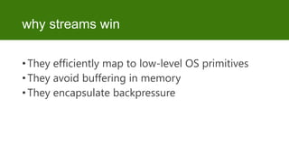 why streams win
• They efficiently map to low-level OS primitives
• They avoid buffering in memory
• They encapsulate backpressure

 