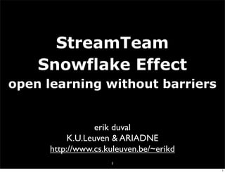 StreamTeam
    Snowflake Effect
open learning without barriers


                  erik duval
           K.U.Leuven & ARIADNE
      http://www.cs.kuleuven.be/~erikd
                     1
                                         1