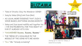 BUZAMA
• Tales of Chivalry: Ginji the Wanderer SONG!!
• Sung by Sakyo [Ginji] and Juza [Ken]
• AS USUAL MORE EVIDENCE THAT JUZA’S
VOICE MAKES ANYTHING SOUND GOOD???
• Sakyo and Juza sound realllllly well together too
+ tHE INSTRUMENTAL FOR THIS RIGHT AT
0:00 IT ALREADY HITS YOU
• "NASAKENEE! Buzama, Buzama, Buzama-”
• THE TREND OF A DIALOGUE IN THE
MIDDLE OF THE SONG HITS ME AGAIN
• “Bou-“ Me: *already screaming*
A currywaifu
SSR fave
A3! Blooming
AUTUMN EP
Saving up to rank for Sakyo, I
need him so badly
 