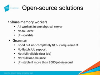 Open-source solutions
• Share-memory workers
• All workers in one physical server
• No fail-over
• Un-scalable
• Gearman
• Good but not completely fit our requirement
• No Batch Job support
• Not full reliable (lost job)
• Not full load-balance
• Un-stable if more than 2000 jobs/second
 